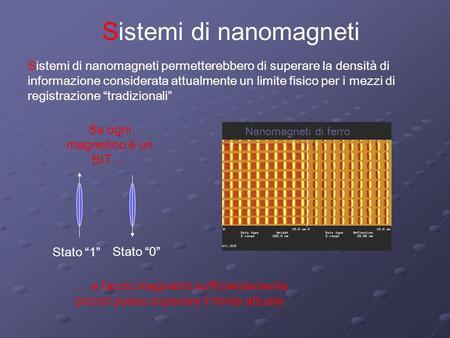 Sistemi di nanomagneti Sistemi di nanomagneti permetterebbero di superare la densità di informazione considerata attualmente un limite fisico per i mezzi.