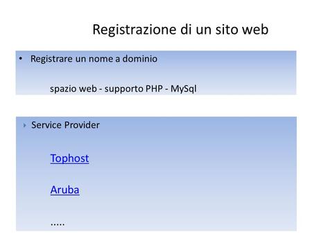 Registrare un nome a dominio spazio web - supporto PHP - MySql Registrazione di un sito web  Service Provider Tophost Aruba.....