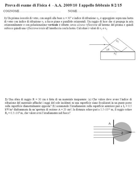 Prova di esame di Fisica 4 - A.A. 2009/10 I appello febbraio 8/2/15 COGNOME…………..……………………… NOME. ……………........………......... 1) Un prisma isoscele di vetro,