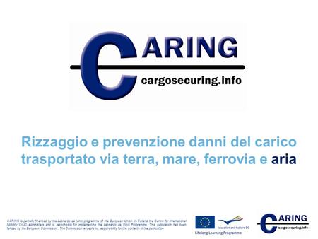 Rizzaggio e prevenzione danni del carico trasportato via terra, mare, ferrovia e aria CARING is partially financed by the Leonardo da Vinci programme of.