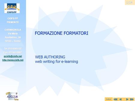 CIOFS FP PIEMONTE CARMAGNOLA Via Maria Ausiliatrice, 36 10152 – Torino Tel. 011/4365132 Fax 011/4310967  Indice FORMAZIONE.