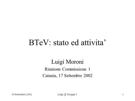 18 Settembre Gruppo 11 BTeV: stato ed attivita’ Luigi Moroni Riunione Commissione 1 Catania, 17 Settembre 2002.