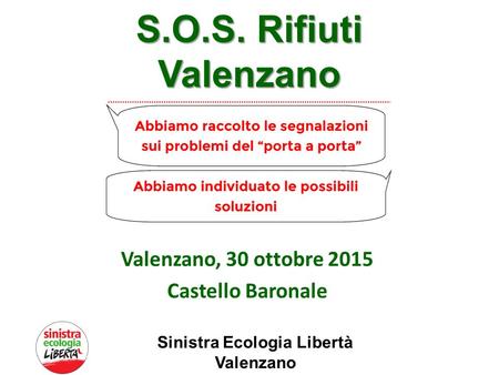 S.O.S. Rifiuti Valenzano Valenzano, 30 ottobre 2015 Castello Baronale Sinistra Ecologia Libertà Valenzano.