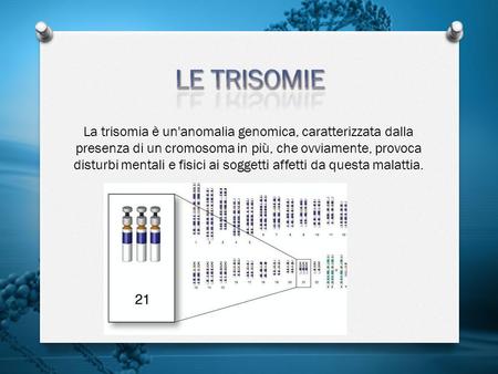 LE TRISOMIE La trisomia è un'anomalia genomica, caratterizzata dalla presenza di un cromosoma in più, che ovviamente, provoca disturbi mentali e fisici.