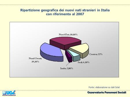 Ripartizione geografica dei nuovi nati stranieri in Italia con riferimento al 2007 Fonte: elaborazione su dati Istat Osservatorio Fenomeni Sociali.