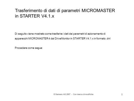 Trasferimento di dati di parametri MICROMASTER in STARTER V4.1.x