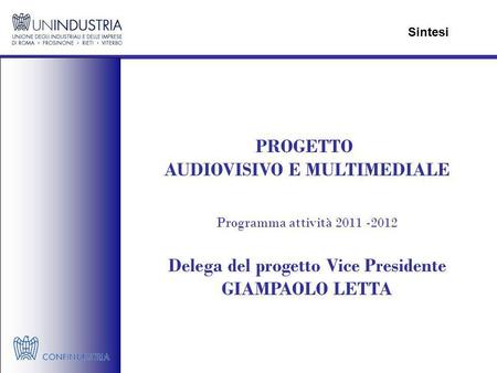 PROGETTO AUDIOVISIVO E MULTIMEDIALE Programma attività 2011 -2012 Delega del progetto Vice Presidente GIAMPAOLO LETTA Sintesi.