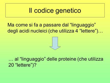 Il codice genetico Ma come si fa a passare dal “linguaggio” degli acidi nucleici (che utilizza 4 “lettere”)… … al “linguaggio” delle proteine (che utilizza.