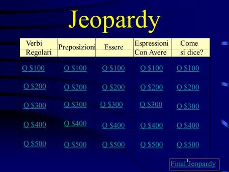 1 Jeopardy Verbi Regolari PreposizioniEssere Espressioni Con Avere Come si dice? Q $100 Q $200 Q $300 Q $400 Q $500 Q $100 Q $200 Q $300 Q $400 Q $500.