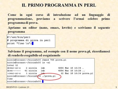 BIOINFO3 - Lezione 201 Come in ogni corso di introduzione ad un linguaggio di programmazione, proviamo a scrivere lormai celebre primo programma di prova.