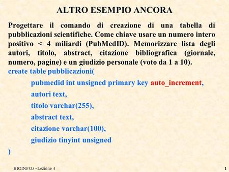 BIOINFO3 - Lezione 41 ALTRO ESEMPIO ANCORA Progettare il comando di creazione di una tabella di pubblicazioni scientifiche. Come chiave usare un numero.