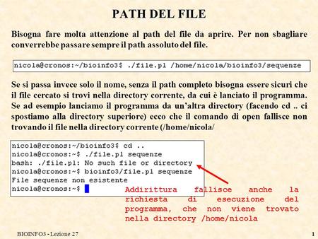 BIOINFO3 - Lezione 271 PATH DEL FILE Bisogna fare molta attenzione al path del file da aprire. Per non sbagliare converrebbe passare sempre il path assoluto.