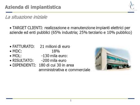 1 TARGET CLIENTI: realizzazione e manutenzione impianti elettrici per aziende ed enti pubblici (65% industria; 25% terziario e 10% pubblico) FATTURATO: