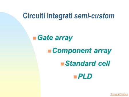 Torna allindice Gate array Component array Gate array Component array Standard cell Standard cell PLD PLD Circuiti integrati semi-custom.