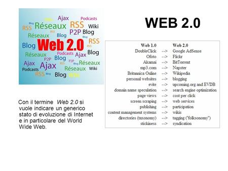 WEB 2.0 Con il termine Web 2.0 si vuole indicare un generico stato di evoluzione di Internet e in particolare del World Wide Web.