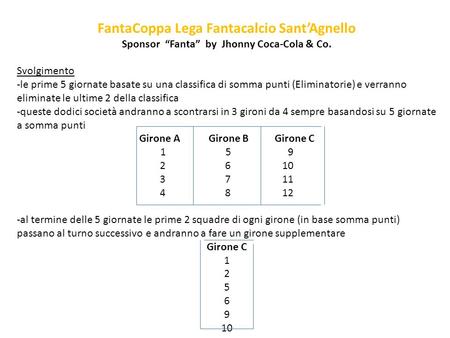 FantaCoppa Lega Fantacalcio SantAgnello Sponsor Fanta by Jhonny Coca-Cola & Co. Svolgimento -le prime 5 giornate basate su una classifica di somma punti.