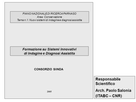 PIANO NAZIONALE DI RICERCA PARNASO Area: Conservazione Tema n.1: Nuovi sistemi di indagine e diagnosi assistita Formazione su Sistemi Innovativi di Indagine.