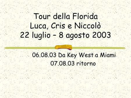 Tour della Florida Luca, Cris e Niccolò 22 luglio – 8 agosto 2003 06.08.03 Da Key West a Miami 07.08.03 ritorno.