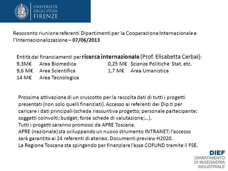 Resoconto riunione referenti Dipartimenti per la Cooperazione Internazionale e lInternazionalizzazione – 07/06/2013 Entità dei finanziamenti per ricerca.