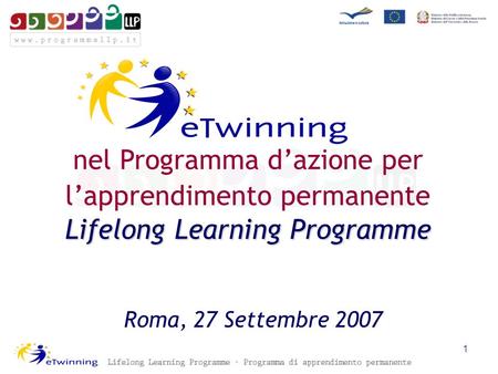 Roma, 27 Settembre 2007 Lifelong Learning Programme nel Programma dazione per lapprendimento permanente Lifelong Learning Programme 1.