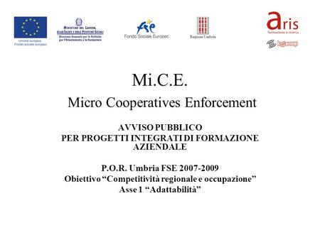 Mi.C.E. Micro Cooperatives Enforcement AVVISO PUBBLICO PER PROGETTI INTEGRATI DI FORMAZIONE AZIENDALE P.O.R. Umbria FSE 2007-2009 Obiettivo Competitività