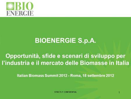 BIOENERGIE S.p.A. Opportunità, sfide e scenari di sviluppo per l’industria e il mercato delle Biomasse in Italia Italian Biomass Summit 2012 - Roma, 18.