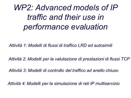 WP2: Advanced models of IP traffic and their use in performance evaluation Attività 1: Modelli di flussi di traffico LRD ed autosimili Attività 2: Modelli.