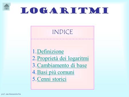Logaritmi INDICE Definizione Proprietà dei logaritmi