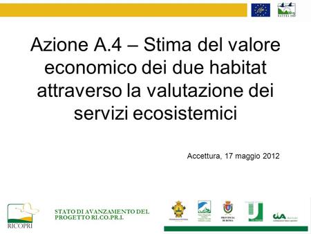 Azione A.4 – Stima del valore economico dei due habitat attraverso la valutazione dei servizi ecosistemici STATO DI AVANZAMENTO DEL PROGETTO RI.CO.PR.I.