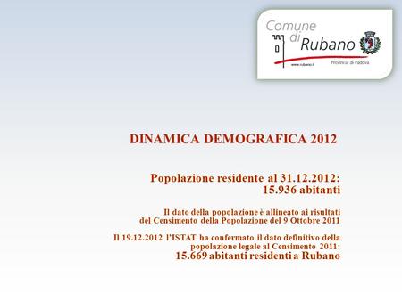DINAMICA DEMOGRAFICA 2012 Popolazione residente al 31.12.2012: 15.936 abitanti Il dato della popolazione è allineato ai risultati del Censimento della.
