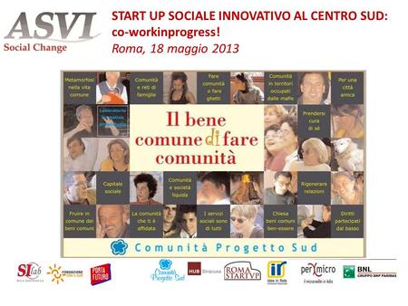 Antonello Rispoli START UP SOCIALE INNOVATIVO AL CENTRO SUD: co-workinprogress! Roma, 18 maggio 2013.