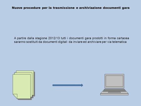 Nuove procedure per la trasmissione e archiviazione documenti gara A partire dalla stagione 2012/13 tutti i documenti gara prodotti in forma cartacea saranno.