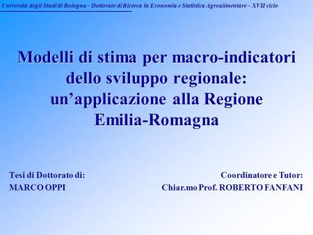 Università degli Studi di Bologna – Dottorato di Ricerca in Economia e Statistica Agroalimentare – XVII ciclo Modelli di stima per macro-indicatori dello.