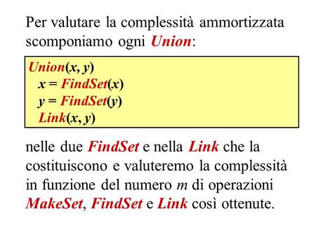 Per valutare la complessità ammortizzata scomponiamo ogni Union: nelle due FindSet e nella Link che la costituiscono e valuteremo la complessità in funzione.