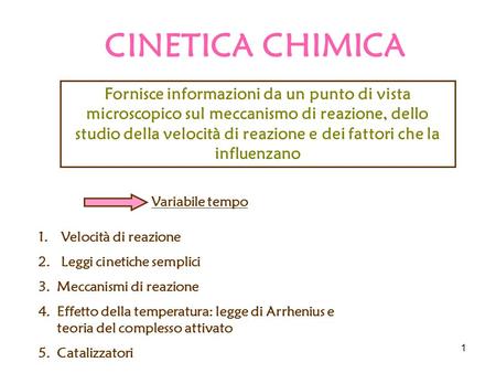 CINETICA CHIMICA Fornisce informazioni da un punto di vista microscopico sul meccanismo di reazione, dello studio della velocità di reazione e dei fattori.