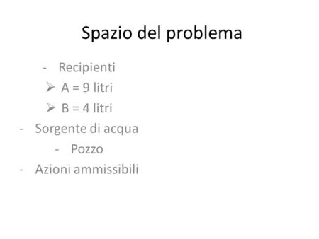 Spazio del problema -Recipienti A = 9 litri B = 4 litri -Sorgente di acqua -Pozzo -Azioni ammissibili.