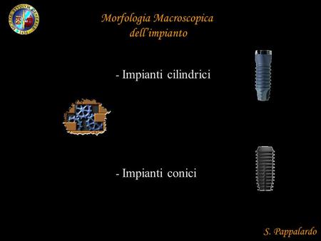 Morfologia Macroscopica dellimpianto - Impianti cilindrici - Impianti conici S. Pappalardo.