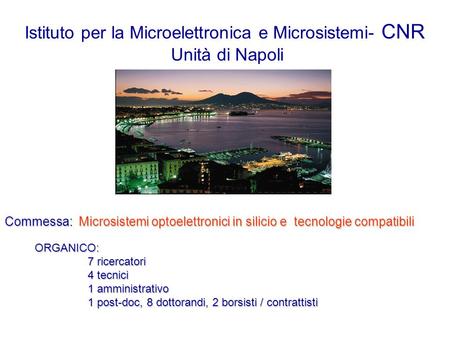 Istituto per la Microelettronica e Microsistemi- CNR Unità di Napoli Commessa: Microsistemi optoelettronici in silicio e tecnologie compatibili ORGANICO: