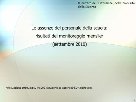 1 Le assenze del personale della scuola: risultati del monitoraggio mensile * (settembre 2010) Ministero dellIstruzione, dellUniversità e della Ricerca.