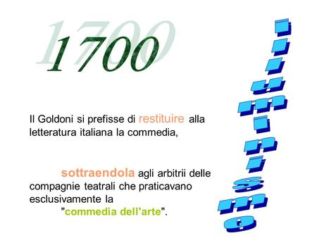 1700 illuminismo Il Goldoni si prefisse di restituire alla letteratura italiana la commedia, sottraendola agli arbitrii delle compagnie teatrali che praticavano.
