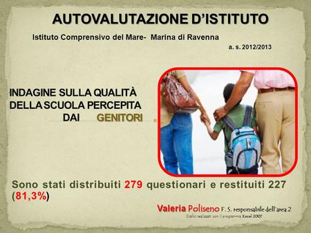 Istituto Comprensivo del Mare- Marina di Ravenna a. s. 2012/2013 Sono stati distribuiti 279 questionari e restituiti 227 (81,3%) AUTOVALUTAZIONE DISTITUTO.