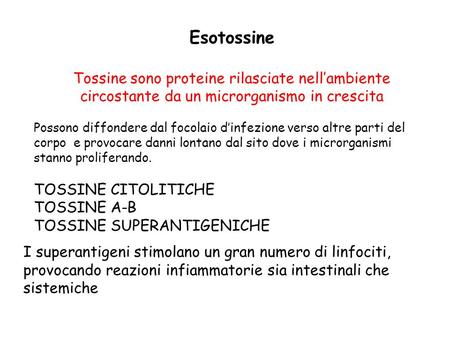 Esotossine Tossine sono proteine rilasciate nell’ambiente circostante da un microrganismo in crescita Possono diffondere dal focolaio d’infezione verso.