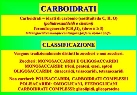 CARBOIDRATI Carboidrati = idrati di carbonio (costituiti da C, H, O) (poliidrossialdeidi o chetoni) formula generale (CH 2 O) n (dove n  3) taluni glucidi.