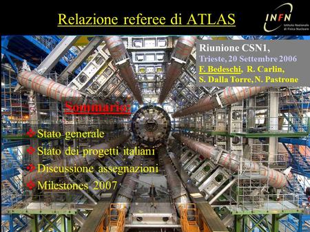 Relazione referees di ATLAS, Trieste 20-9-2006F. Bedeschi, INFN-Pisa 1/19 Relazione referee di ATLAS  Stato generale  Stato dei progetti italiani  Discussione.
