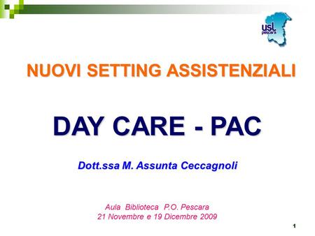 1 NUOVI SETTING ASSISTENZIALI DAY CARE - PAC Dott.ssa M. Assunta Ceccagnoli Aula Biblioteca P.O. Pescara 21 Novembre e 19 Dicembre 2009.