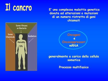 E’ una complessa malattia genetica dovuta ad alterazioni o mutazioni di un numero ristretto di geni chiamati Oncogeni e Oncosoppressori mRNA generalmente.