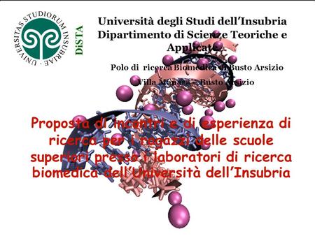 Polo di ricerca Biomedica di Busto Arsizio Villa Manara – Busto Arsizio Università degli Studi dell’Insubria Dipartimento di Scienze Teoriche e Applicate.