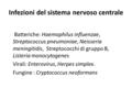 Infezioni del sistema nervoso centrale Batteriche: Haemophilus influenzae, Streptococcus pneumoniae, Neisseria meningitidis, Streptococchi di gruppo B,