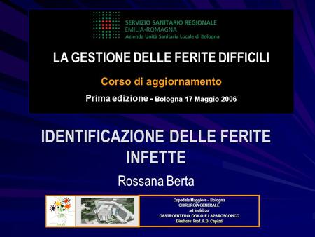 LA GESTIONE DELLE FERITE DIFFICILI Corso di aggiornamento Prima edizione - Bologna 17 Maggio 2006 IDENTIFICAZIONE DELLE FERITE INFETTE Rossana Berta Ospedale.