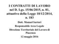I CONTRATTI DI LAVORO nel D. Lgs. 15/06/2015, n. 81, attuativo della Legge 10/12/2014, n. 183 Dott. Manuel Sartori Responsabile Area Legale Direzione Territoriale.